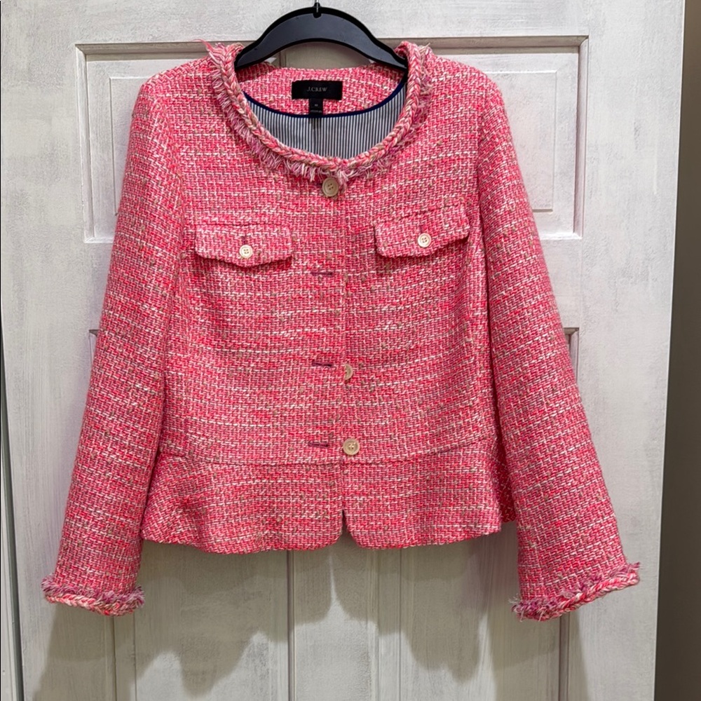 J. Crew Pink Tweed Blazer with Braided  Trim